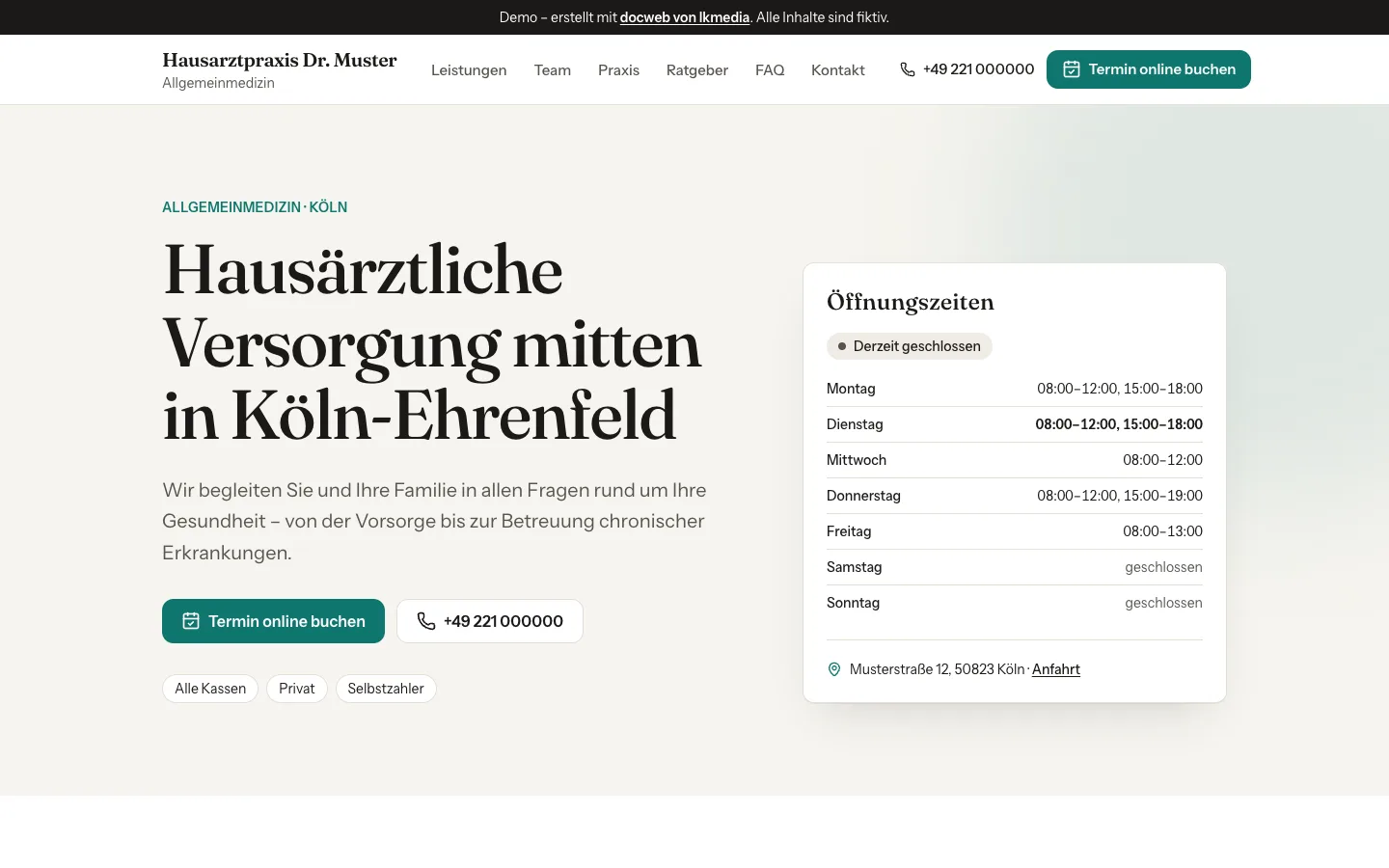 Startseite der docweb-Demo: Hausarztpraxis mit Öffnungszeiten und Terminbuchung